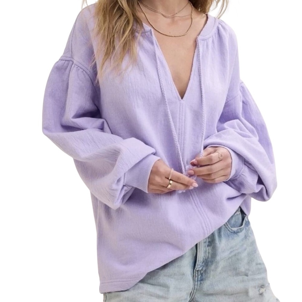 Aerie Easy Street Purple Textured Gauze French Terry V-Neck Sweatshirt Size M‎
